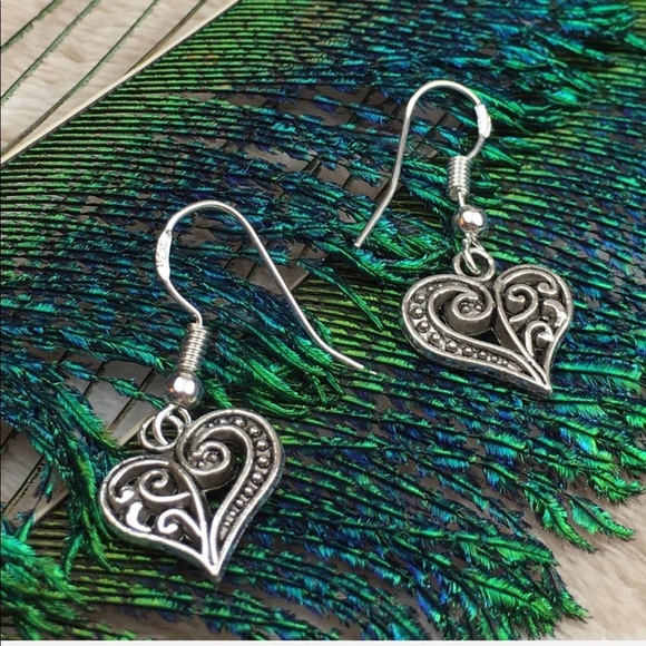 Sterling Silver Tibetan Heart Filigree Earrings - Picture 2 of 6